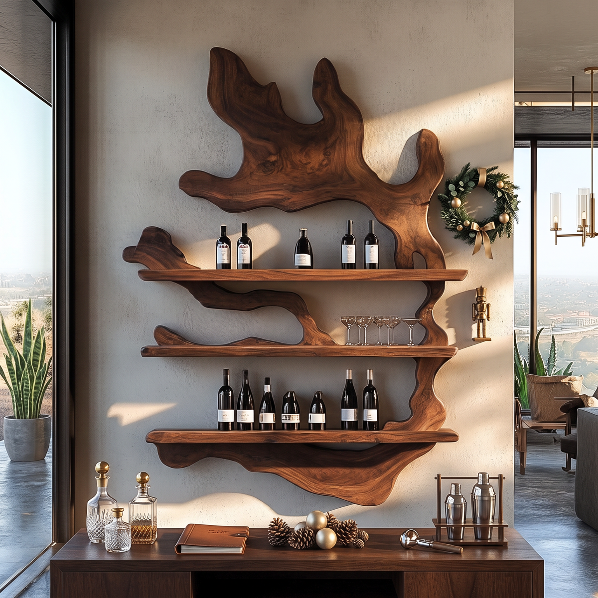 Tree Canopy Solid Wood Wall Wine Rack with Three Wine Display Shelves