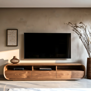 Solid Wood Entertainment Unit Curved Storage Media Console Organic Modern TV Cabinet