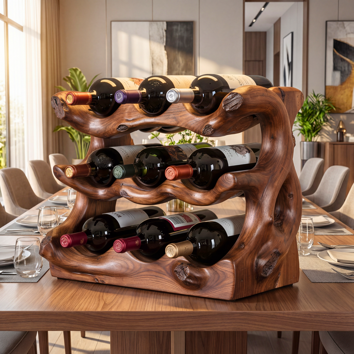 Rustic Solid Wood Wine Rack Natural Edge Bottle Holder Multi Tier Dining Table Display