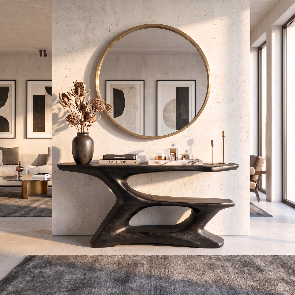 Console Table Solid Wood with Sculptural Tiered Arch Base