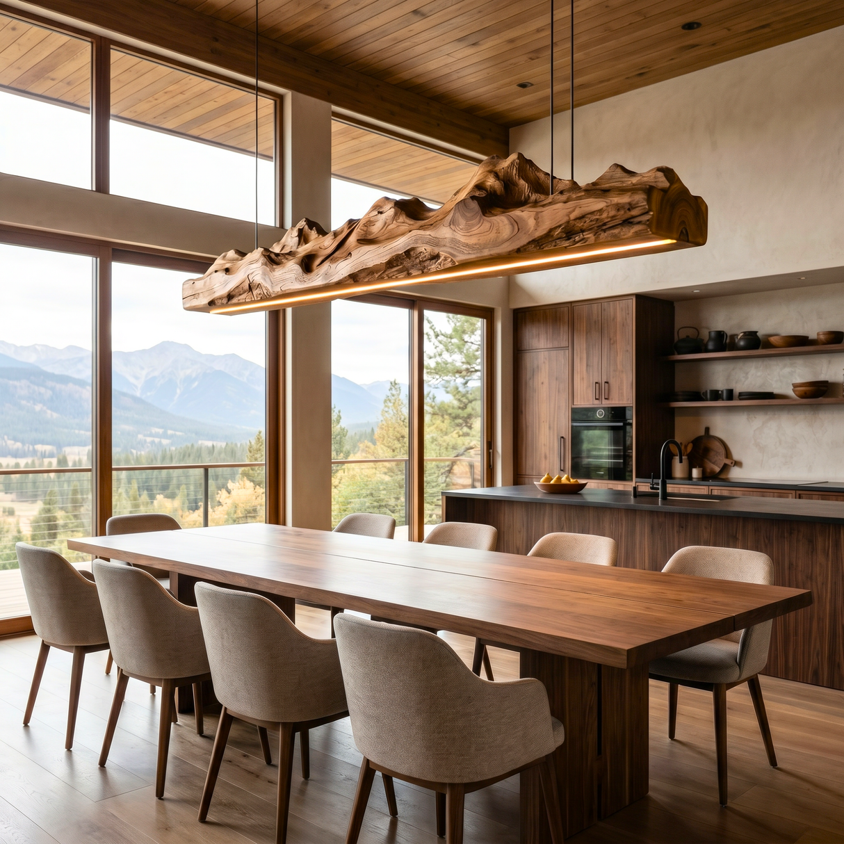Organic Solid Wood Linear Pendant Light with Sculptural Live Edge Form