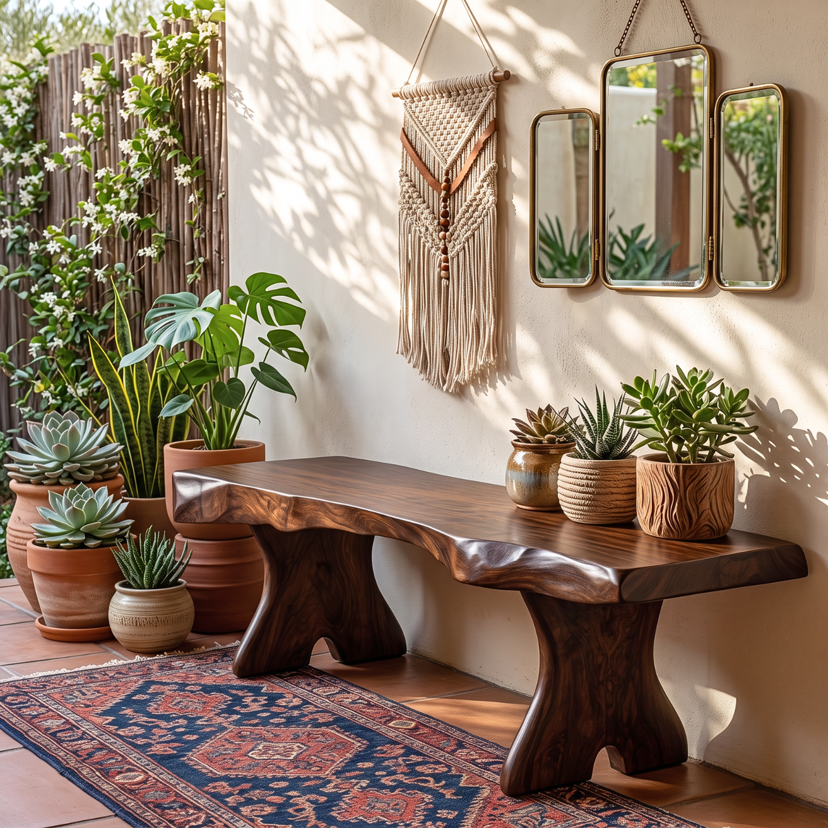 Natural Live Edge Wood Bench with Sculptural Solid Wood Legs