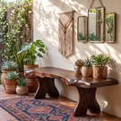 Natural Live Edge Wood Bench with Sculptural Solid Wood Legs