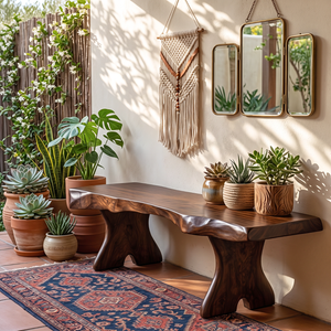 Natural Live Edge Wood Bench with Sculptural Solid Wood Legs