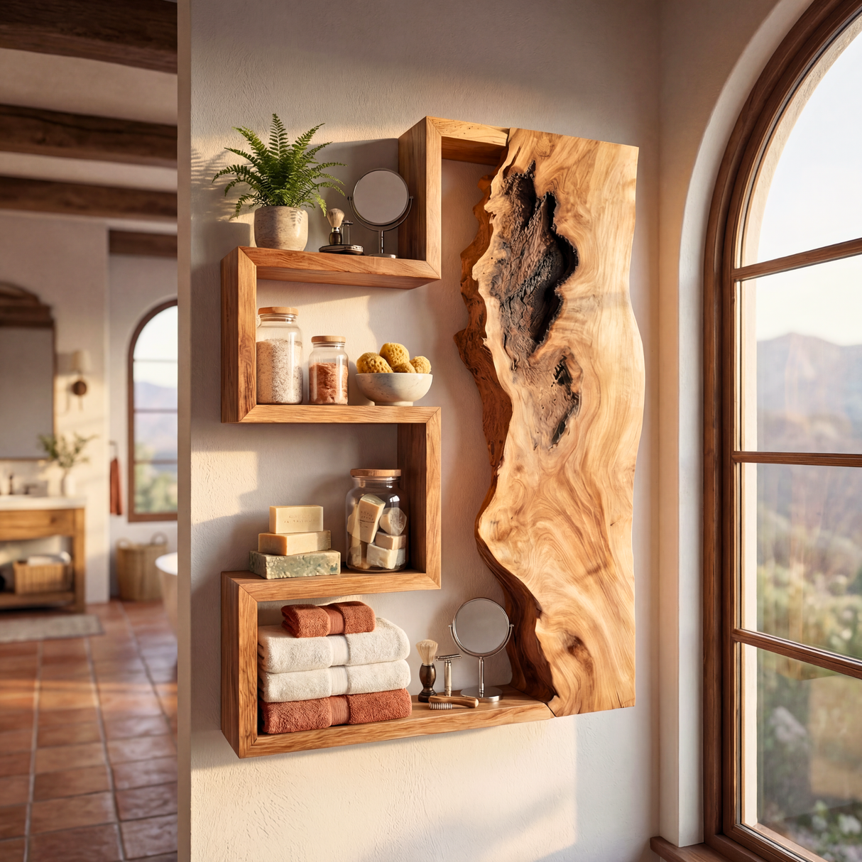 Geometric Solid Wood Wall Shelf with Live Edge Panel Sculptural Floating Storage Display