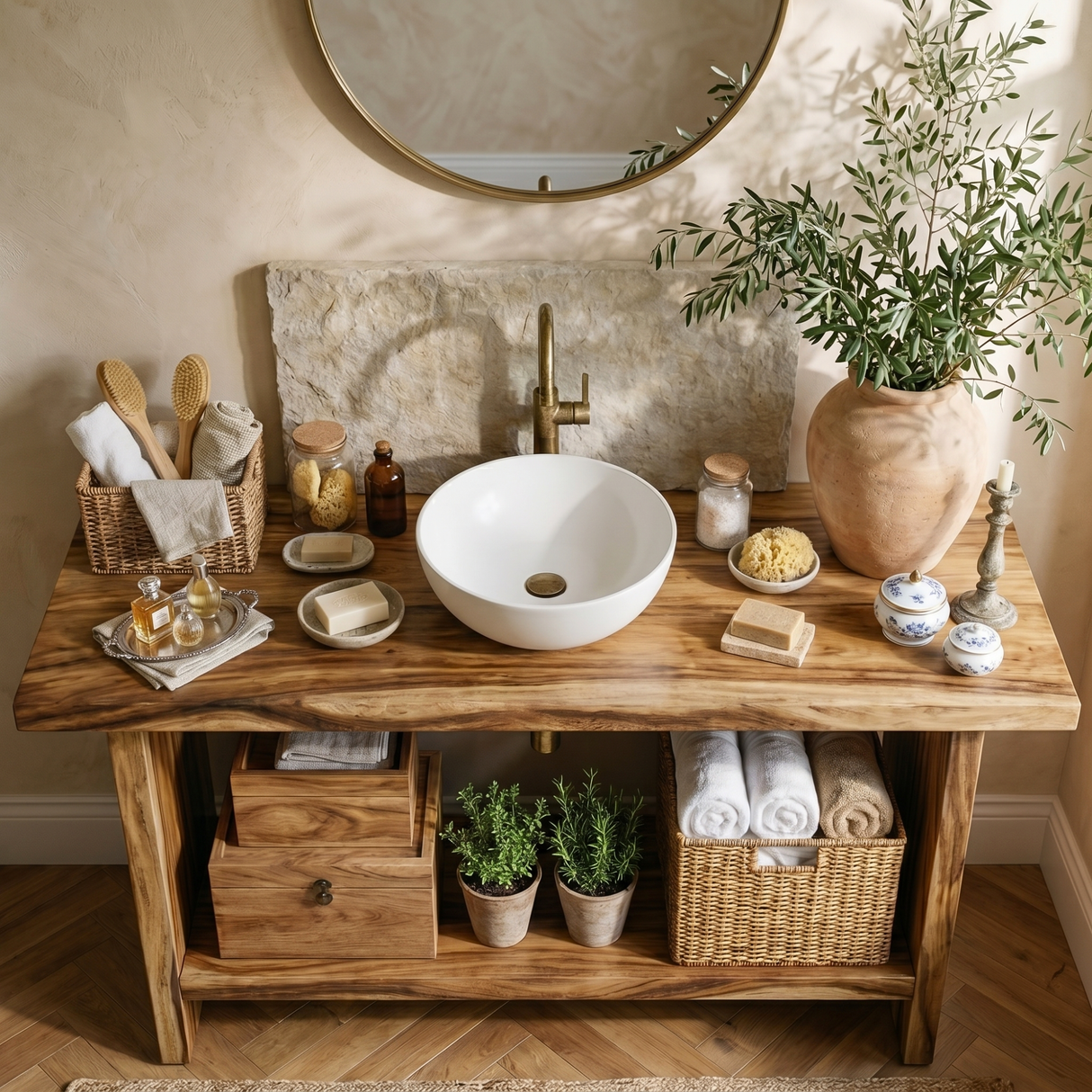 Rustic Solid Wood Bathroom Vanity with Open Shelf Storage