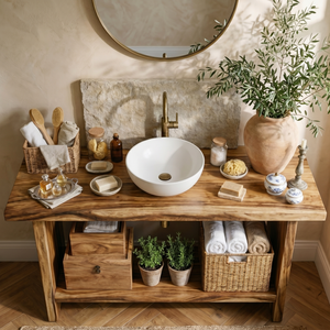 Rustic Solid Wood Bathroom Vanity with Open Shelf Storage