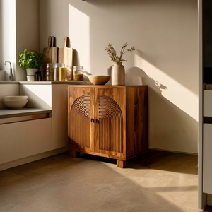 Solid Wood Sideboard with Arched Slat Doors Modern Japandi Storage Cabinet for Living Room