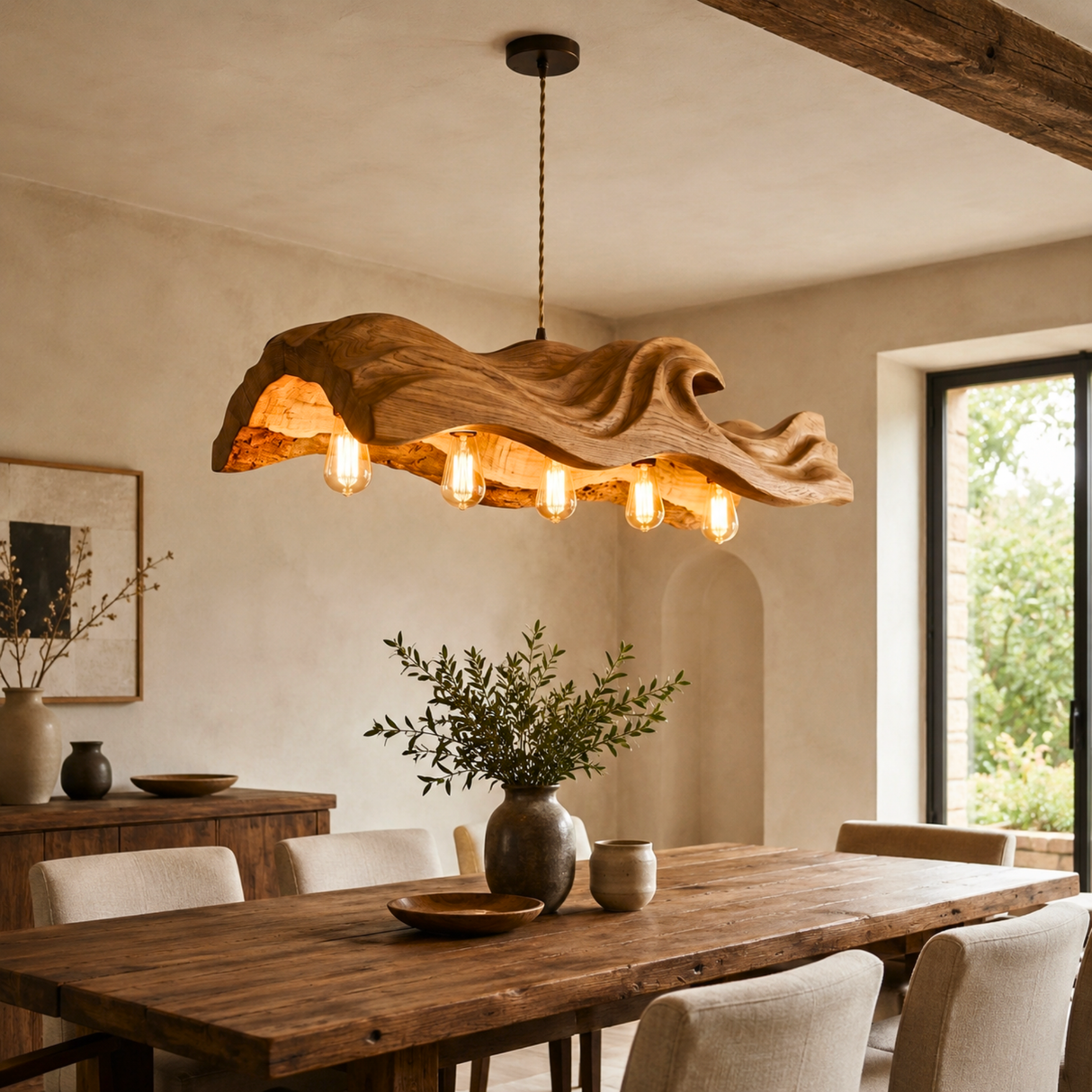 The Handcrafted Organic Wood Pendant Light with Wave Carved Form and Exposed Bulbs
