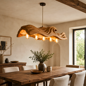 The Handcrafted Organic Wood Pendant Light with Wave Carved Form and Exposed Bulbs