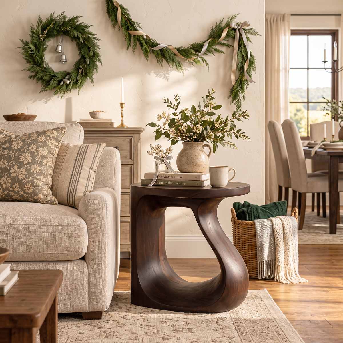 Organic Solid Wood Side Table with Sculptural Open Loop Base