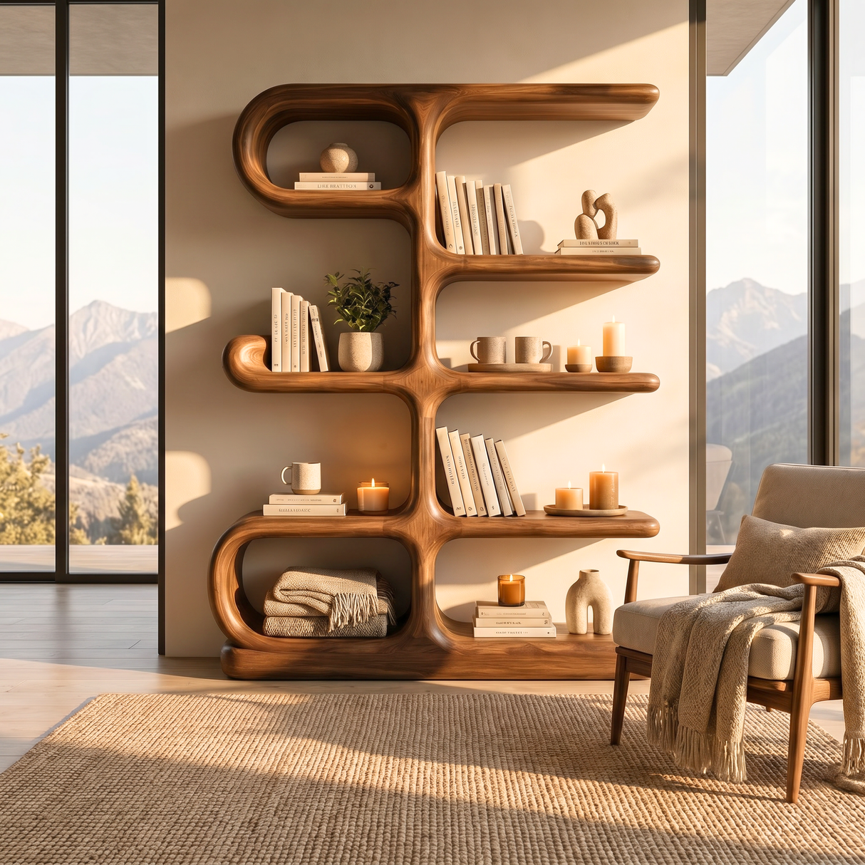 Organic Modern Wooden Bookshelf Sculptural Wall Display Shelf