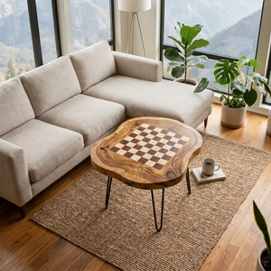 Handcrafted Solid Wood Chess Coffee Table with Organic Freeform Top and Hairpin Legs