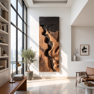 Abstract Solid Wood Wall Art with Freeform Canyon Relief and Dark Textured Background