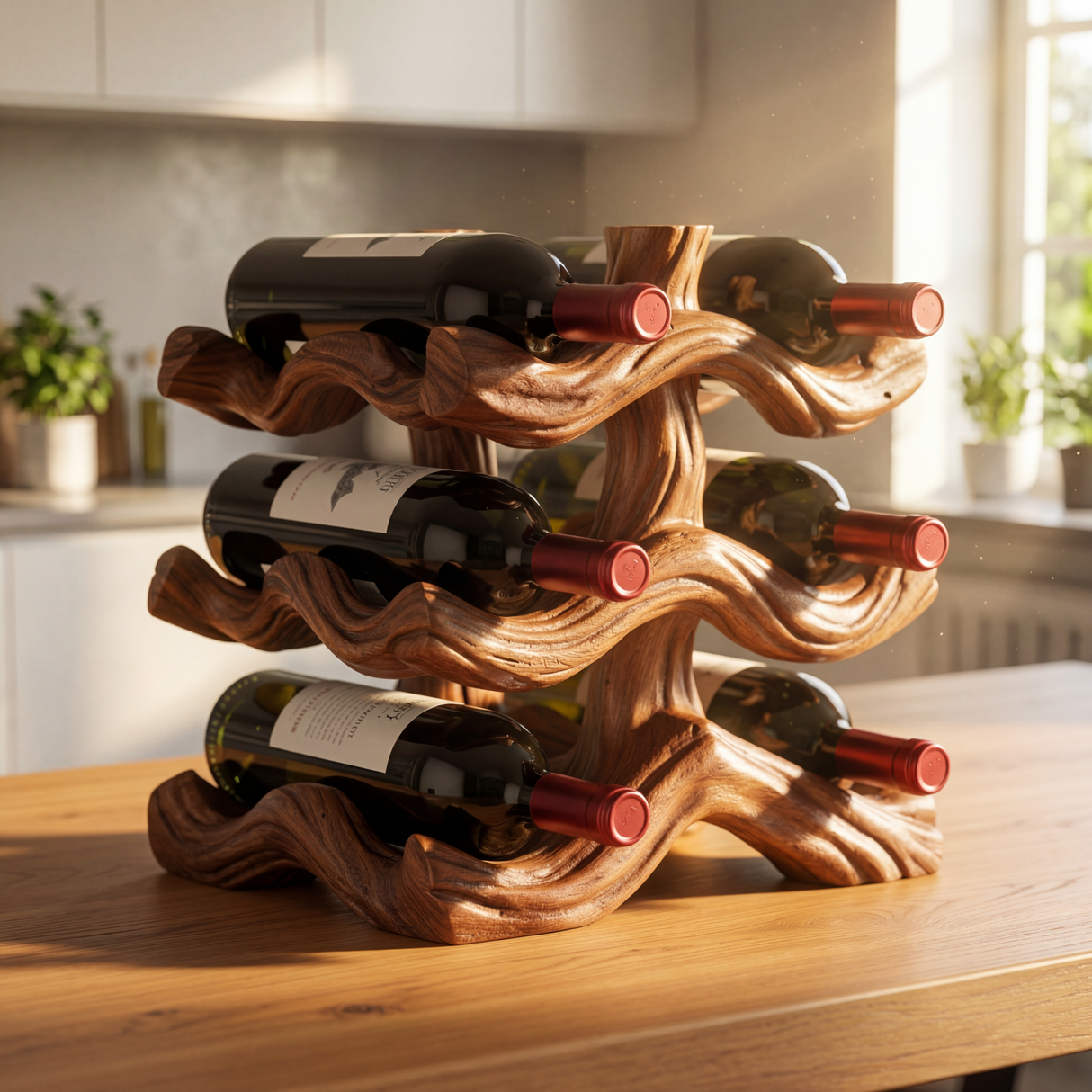 Sculptural Solid Wood Wine Rack with Flowing Wave Form Tiered Bottle Holder Tabletop Storage