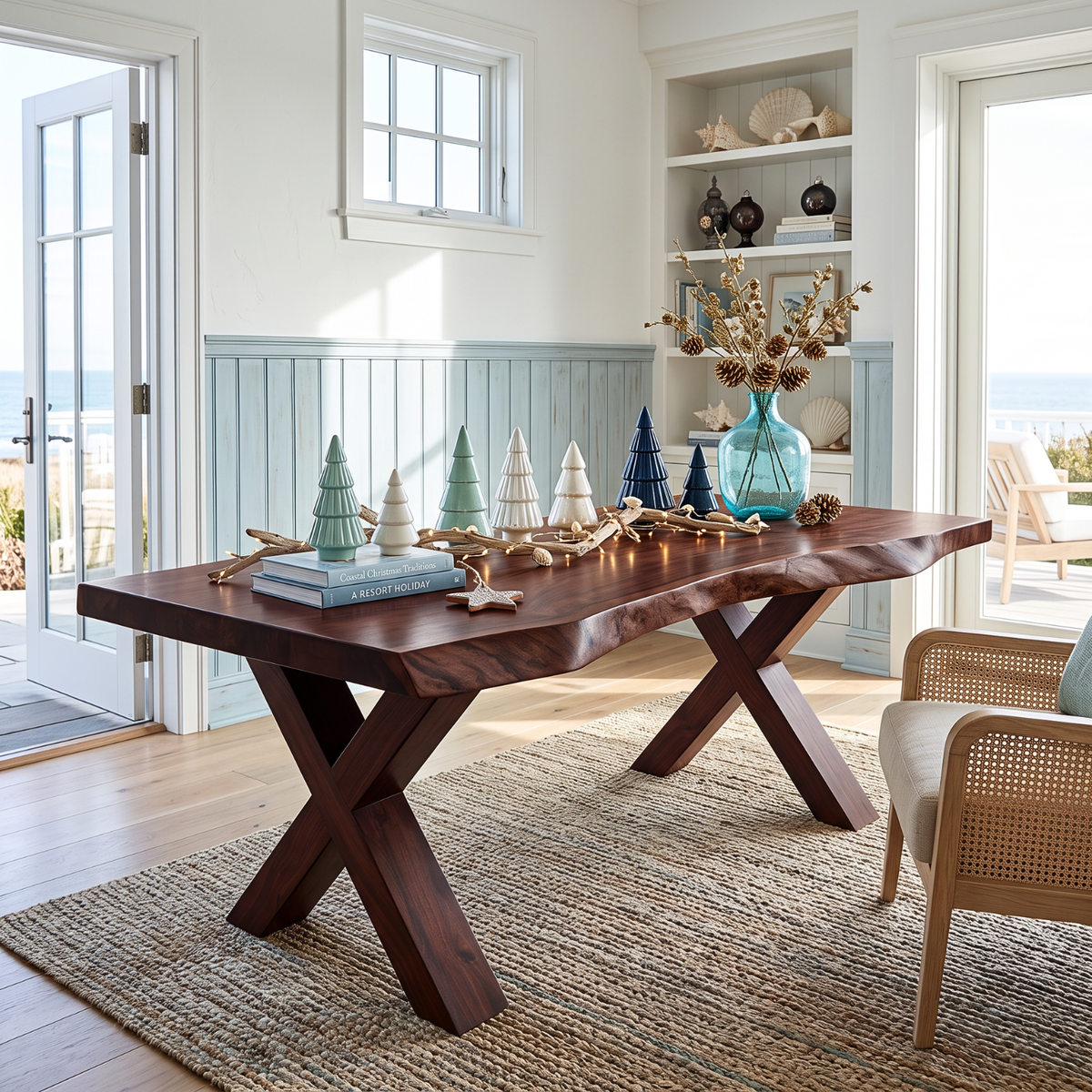 Live Edge Solid Wood Desk with Sculptural X Legs for Home Office