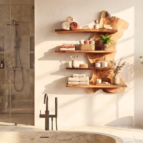 Organic Live Edge Solid Wood Wall Shelf Floating Multi Tier Display for Modern Interior
