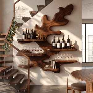 Sculptural Solid Wood Wine Rack with Organic Branch Shelves