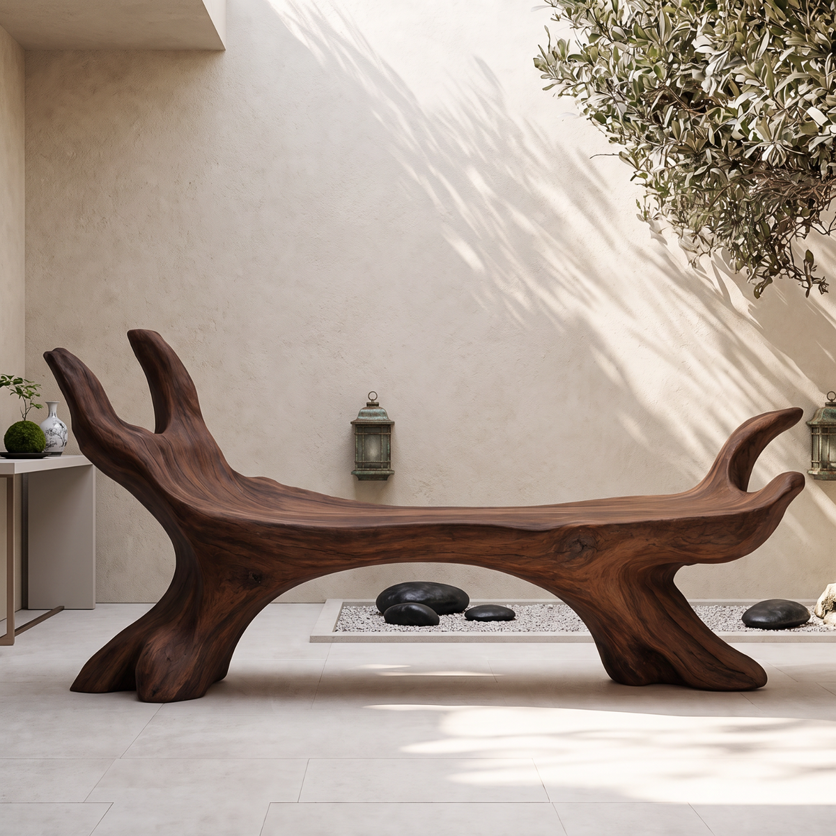 Organic Solid Wood Bench with Sculptural Branch Form