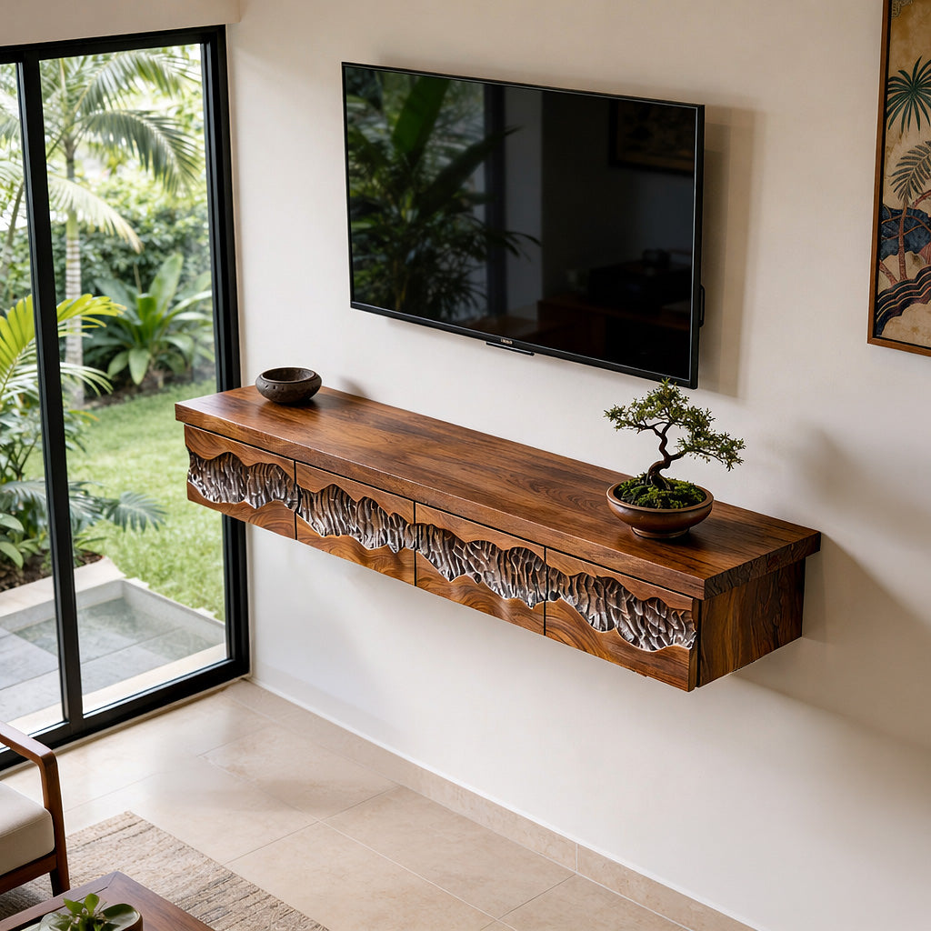 Sculptural Solid Wood Floating TV Console Cabinet