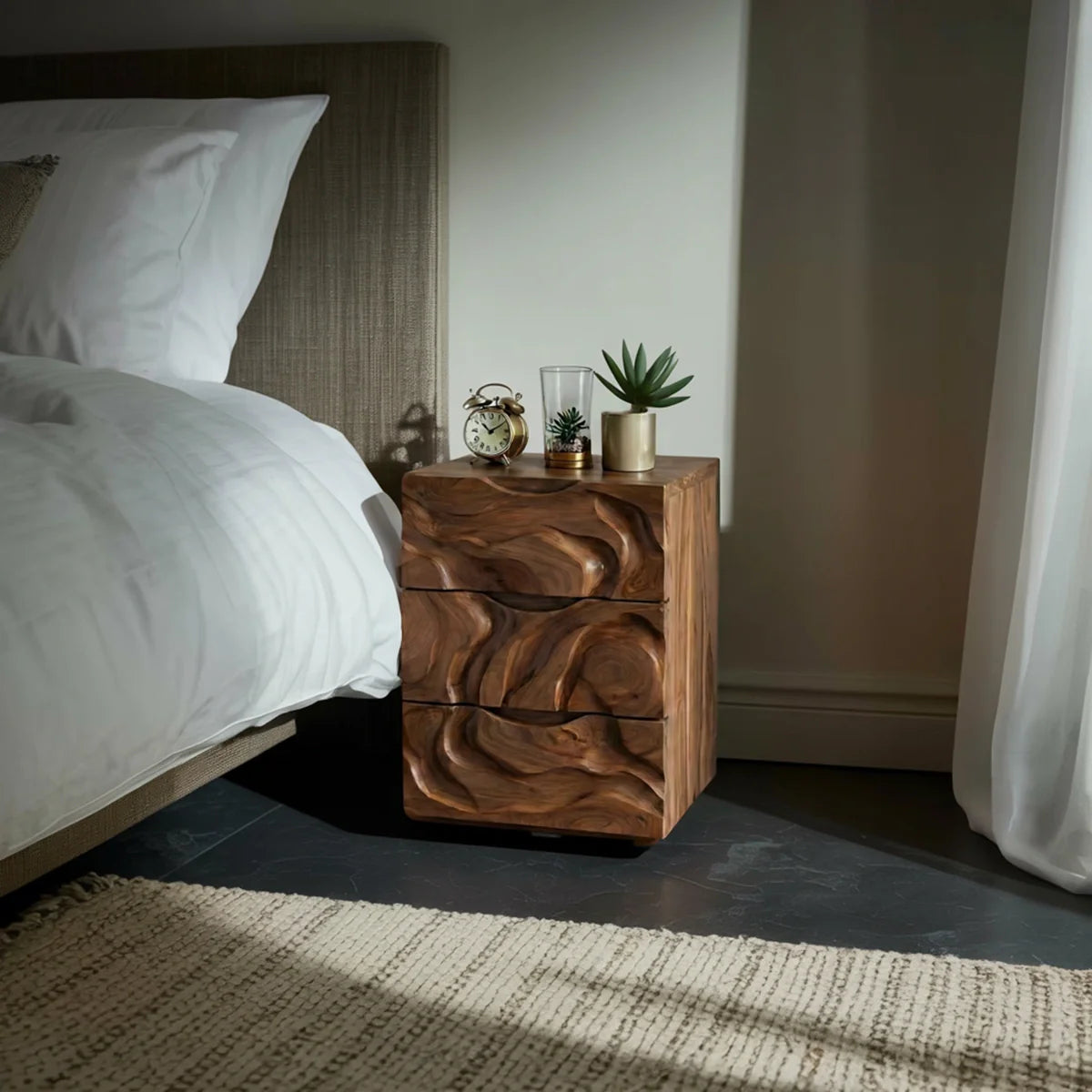 Sculptural Solid Wood Bedside Cabinet with Carved Texture