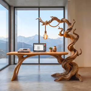 Twisted Tree Wood Desk With Hanging Lamp Organic Sculptural Office Table