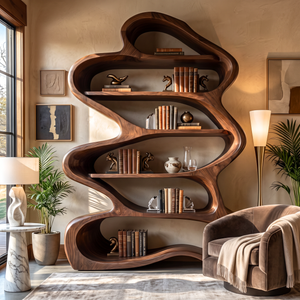 Bookshelf Solid Wood with Sculptural Layered Loop Frame and Open Display Shelves
