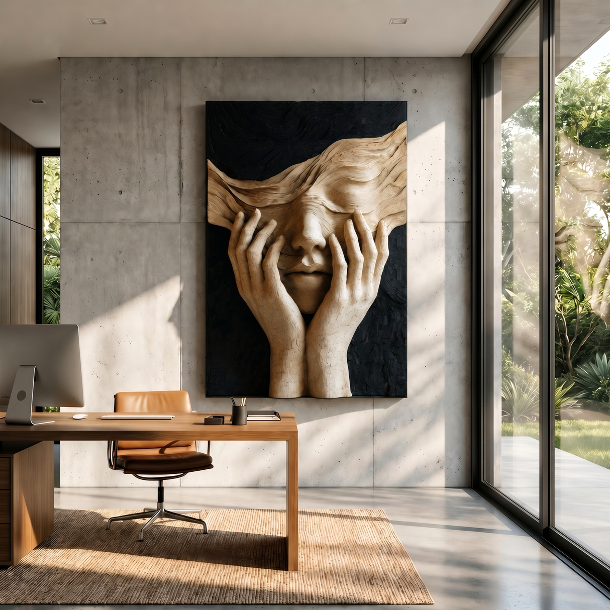 Handcrafted Veiled Face Sculptural Wood Wall Art with Expressive Hands