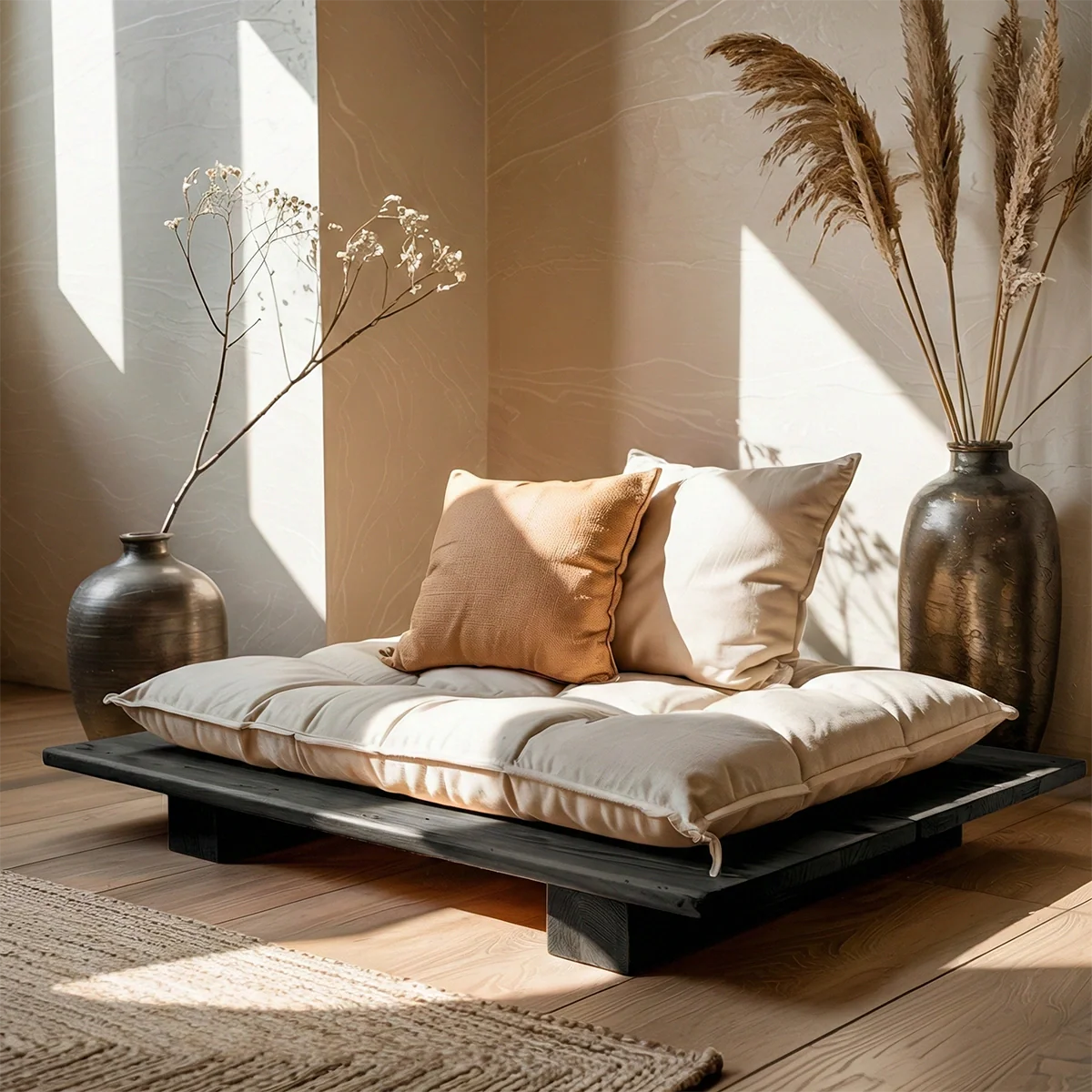 Low Solid Wood Tatami Sofa Platform Japandi Floor Lounge Seat with Cushion