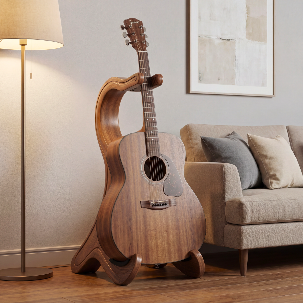 Sculptural Wooden Guitar Stand Modern Acoustic Display Holder