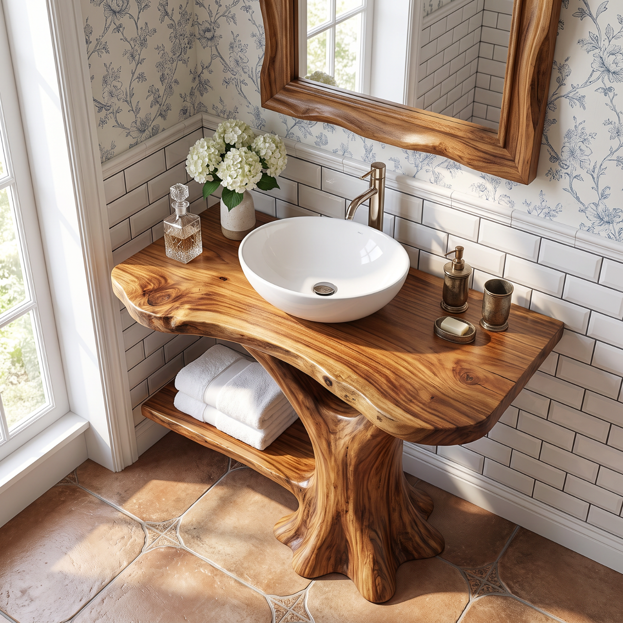 Bathroom Vanity Solid Wood with Organic Trunk Pedestal and Side Shelf for Powder Room