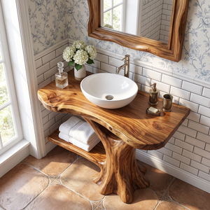 Bathroom Vanity Solid Wood with Organic Trunk Pedestal and Side Shelf for Powder Room