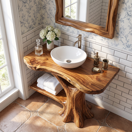 Bathroom Vanity Solid Wood with Organic Trunk Pedestal and Side Shelf for Powder Room