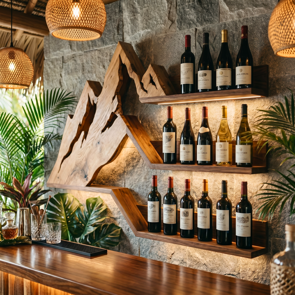 Mountain Range Inspired Solid Wood Wine Rack Wall Shelf