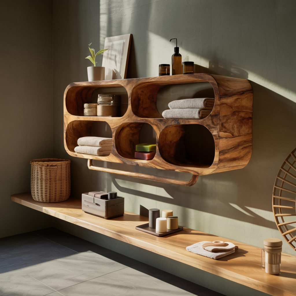 Luxury Sculptural Solid Wood Bathroom Wall Shelf