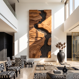 Abstract Solid Wood Wall Art with Layered Canyon Carvings