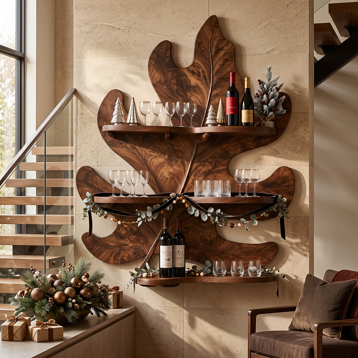 Tropical Leaf Solid Wood Wine Rack with Sculptural Wall Shelves