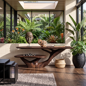Console Table with Organic Branching Base and Floating Display Shelf