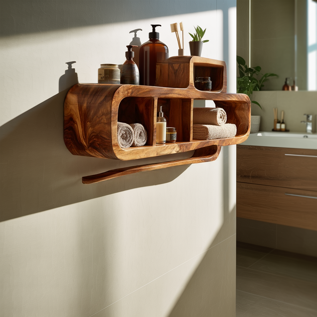 Organic Modern Solid Wood Bathroom Wall Shelf Unit
