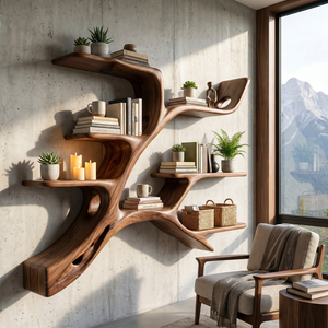 Organic Solid Wood Wall Shelf with Branch Inspired Display Design