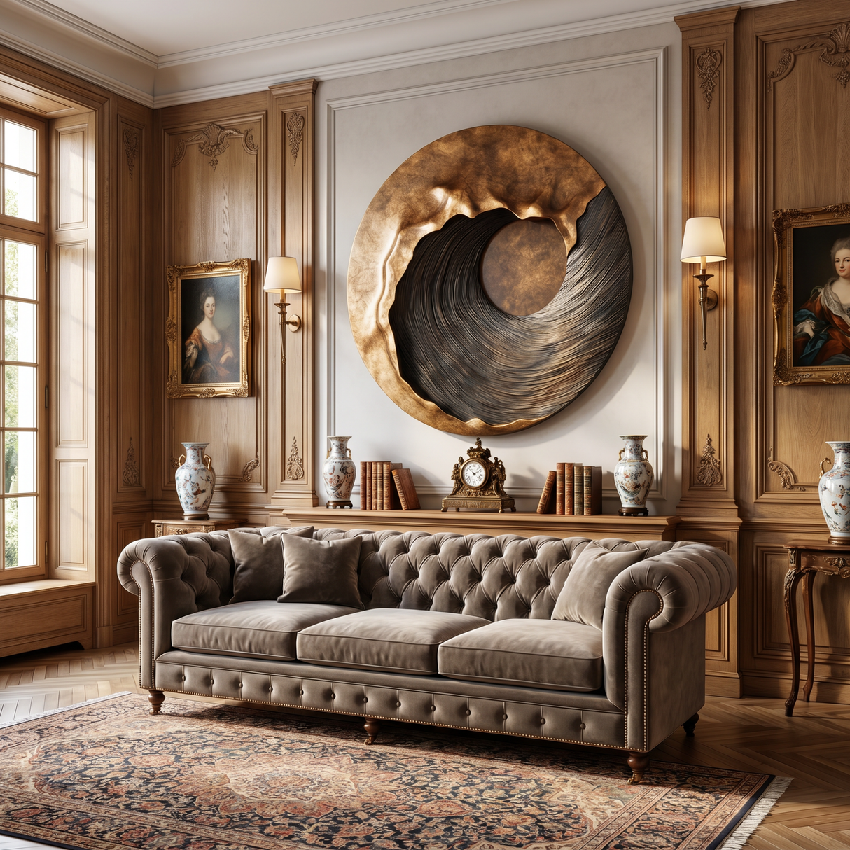 Large Round Solid Wood Wall Sculpture with Black Flow Relief and Warm Grain Halo