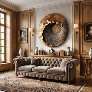 Large Round Solid Wood Wall Sculpture with Black Flow Relief and Warm Grain Halo