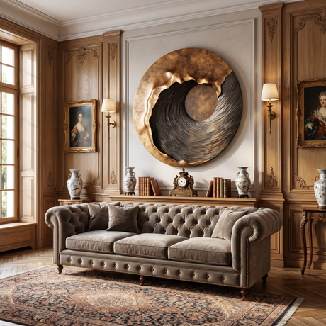 Large Round Solid Wood Wall Sculpture with Black Flow Relief and Warm Grain Halo