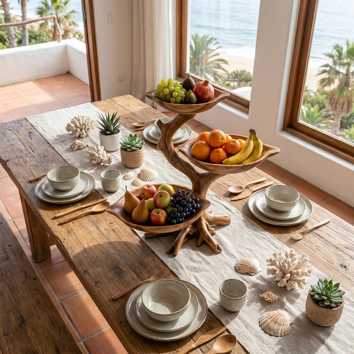 Branching Solid Wood Fruit Bowl Centerpiece with Three Elevated Display Trays