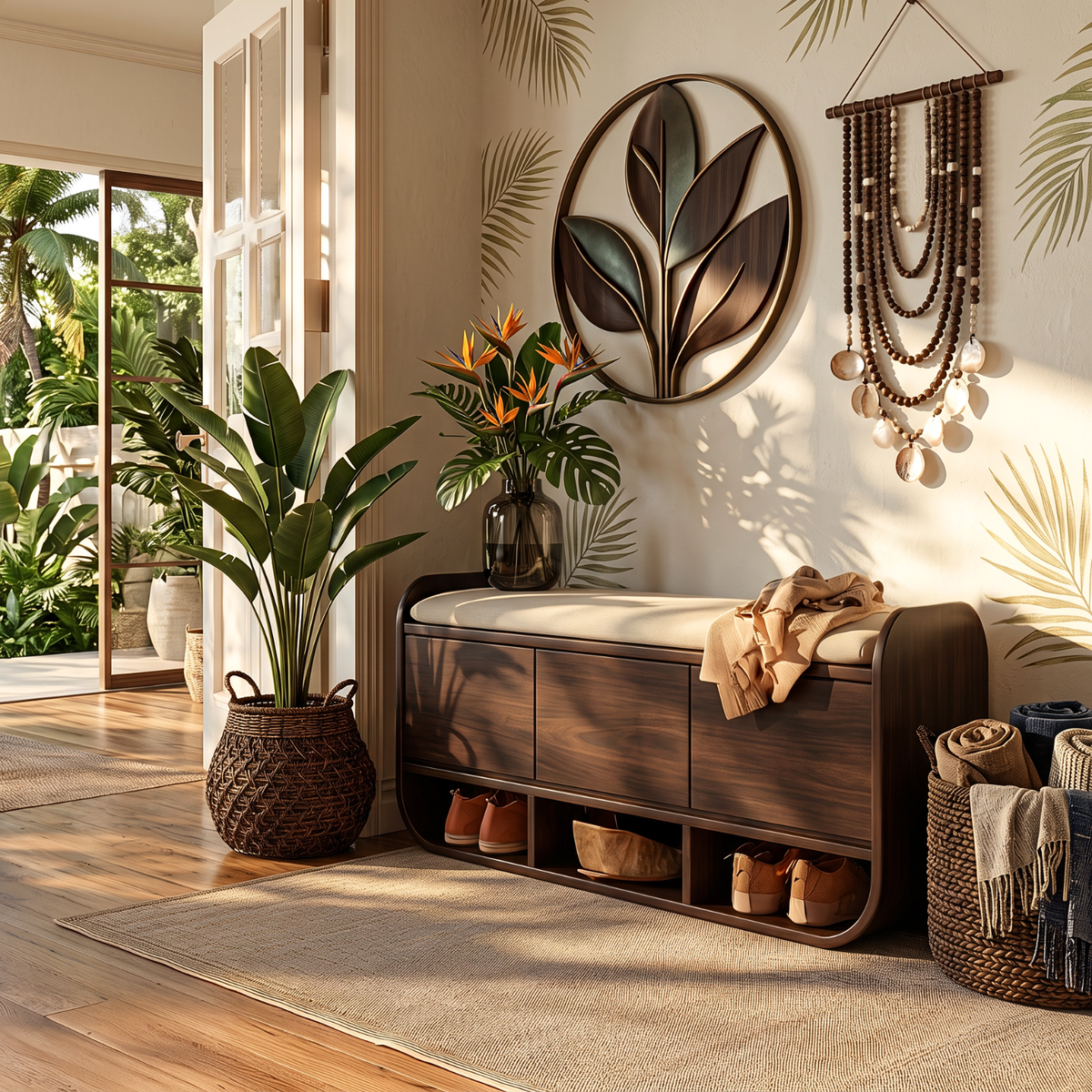 Organic Solid Wood Shoe Cabinet with Entryway Bench and Open Storage