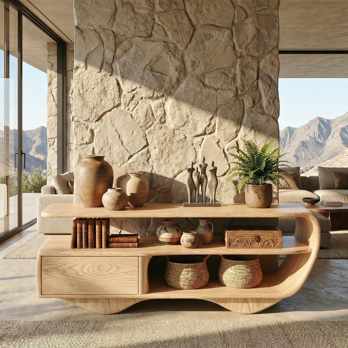 Sculptural Solid Wood Sideboard with Open Shelving and Drawer