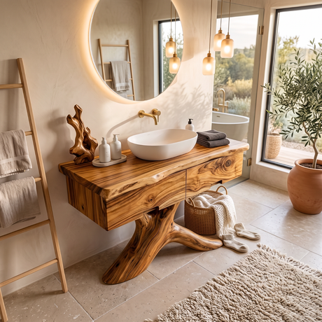 Bathroom Vanity Solid Wood with Root Pedestal and Drawer Storage
