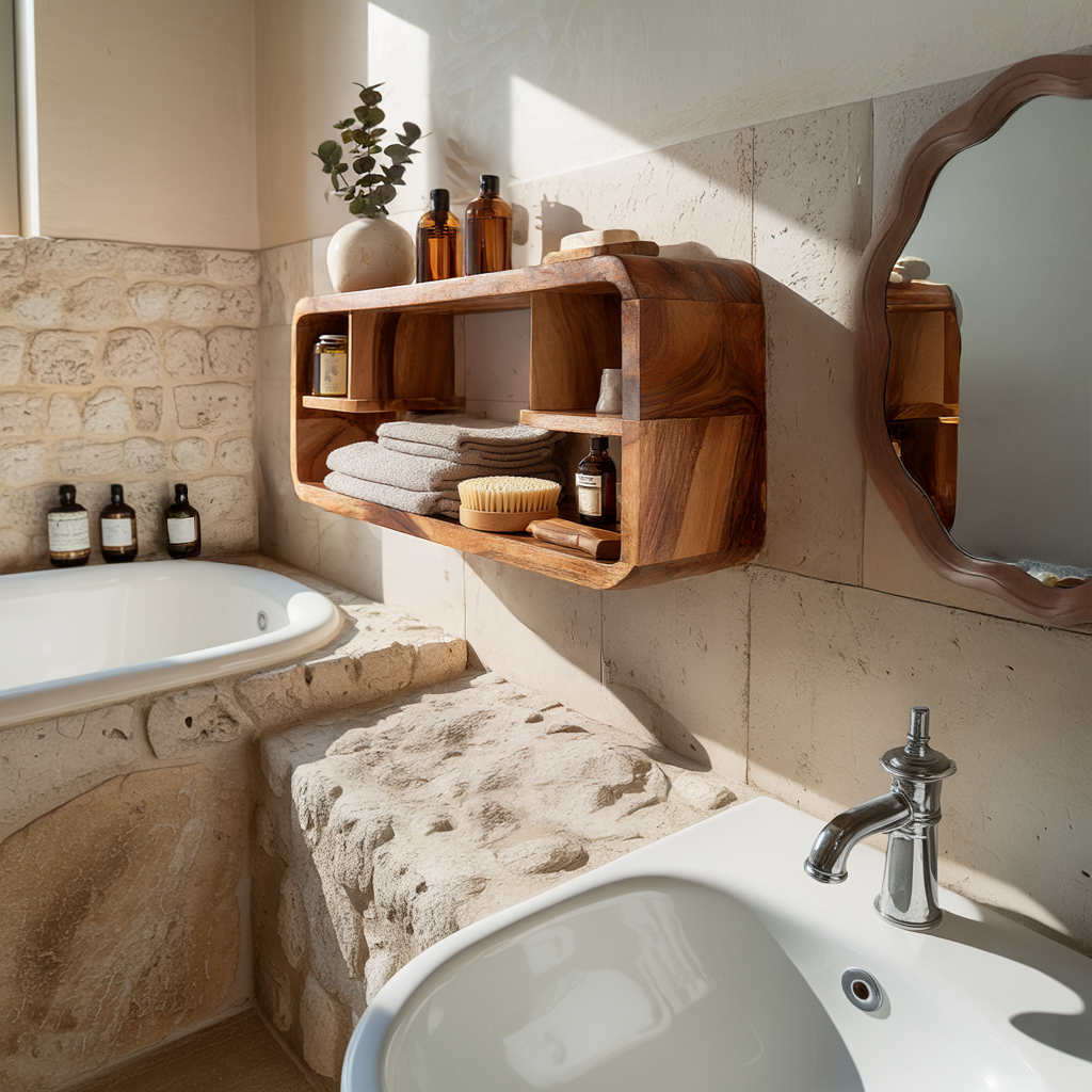 Curved Solid Wood Wall Cabinet Shelf for Modern Bath