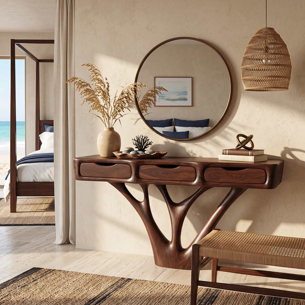 Console Table Solid Wood with Three Drawers and Sculptural Branch Base