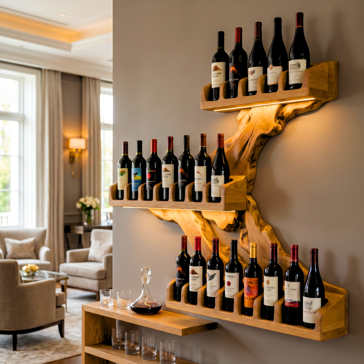 Organic Flow Solid Wood Wine Rack Wall Shelf